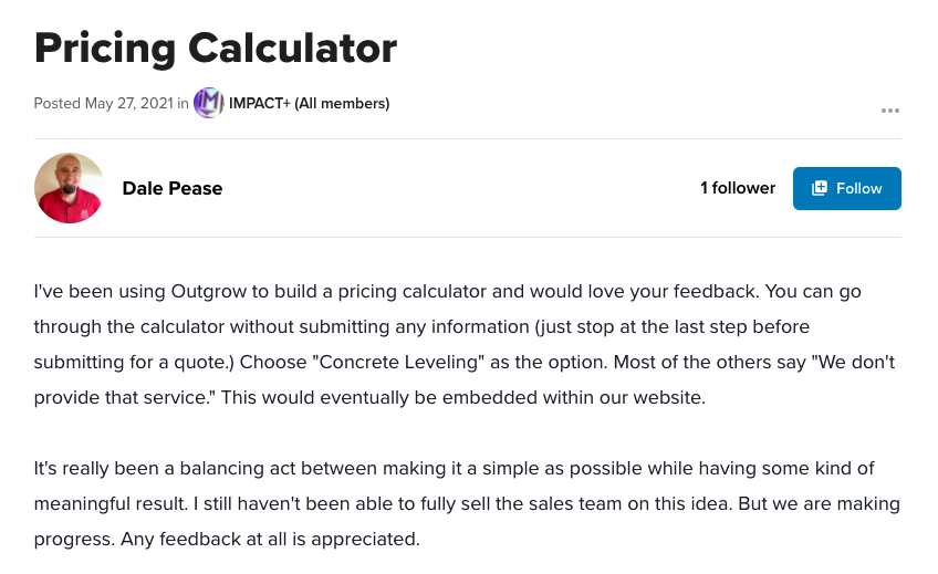 impact+ dale pease question about pricing calculators