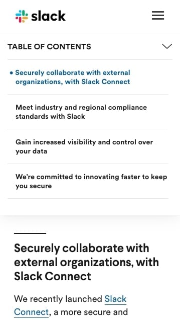 Slack Mobile Table of Content